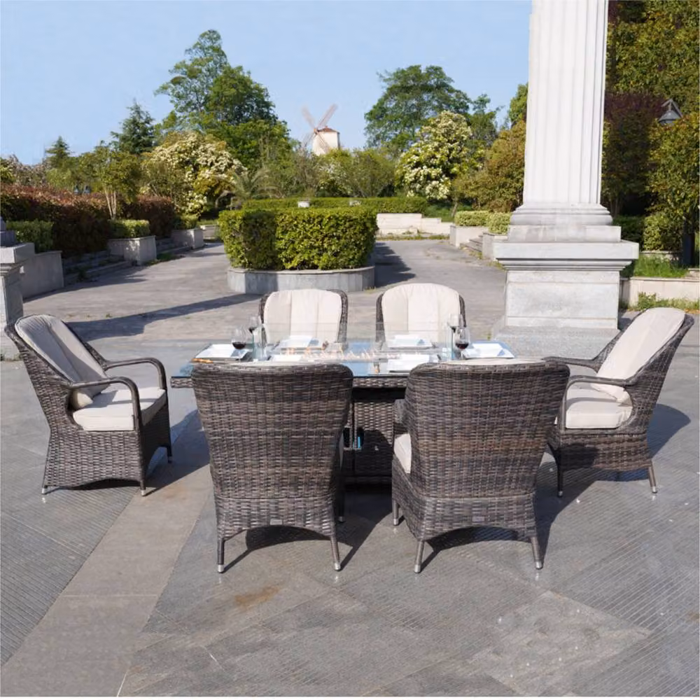 Direct Wicker 7-Piece Outdoor Dining Set with Brown Polyrattan Fire Pit Table and Glass Top for 6 Adults – 2