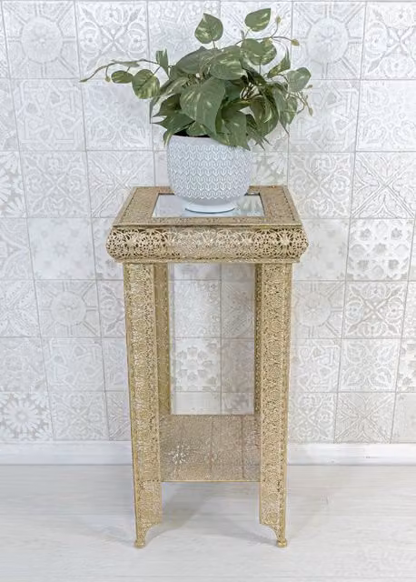 Downton Interiors Agadir Range Gold Embossed Metal and Mirrored Glass Side Table with Shelf