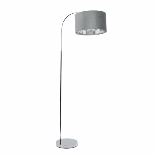 ValueLights Curva Trend Floor Lamp in Chrome with Grey Velvet Shade and Warm White Bulb, H 150 cm x W 35 cm x D 35 cm