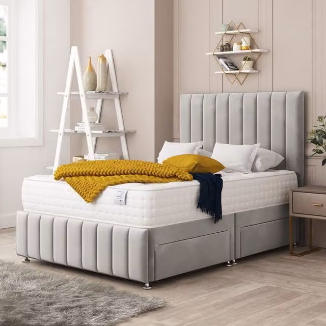 Bed Choices Moscow Bed Set in Silver Velvet with Mattress and Headboard, Super King, W/D/H: 200 x 200 x 183 cm