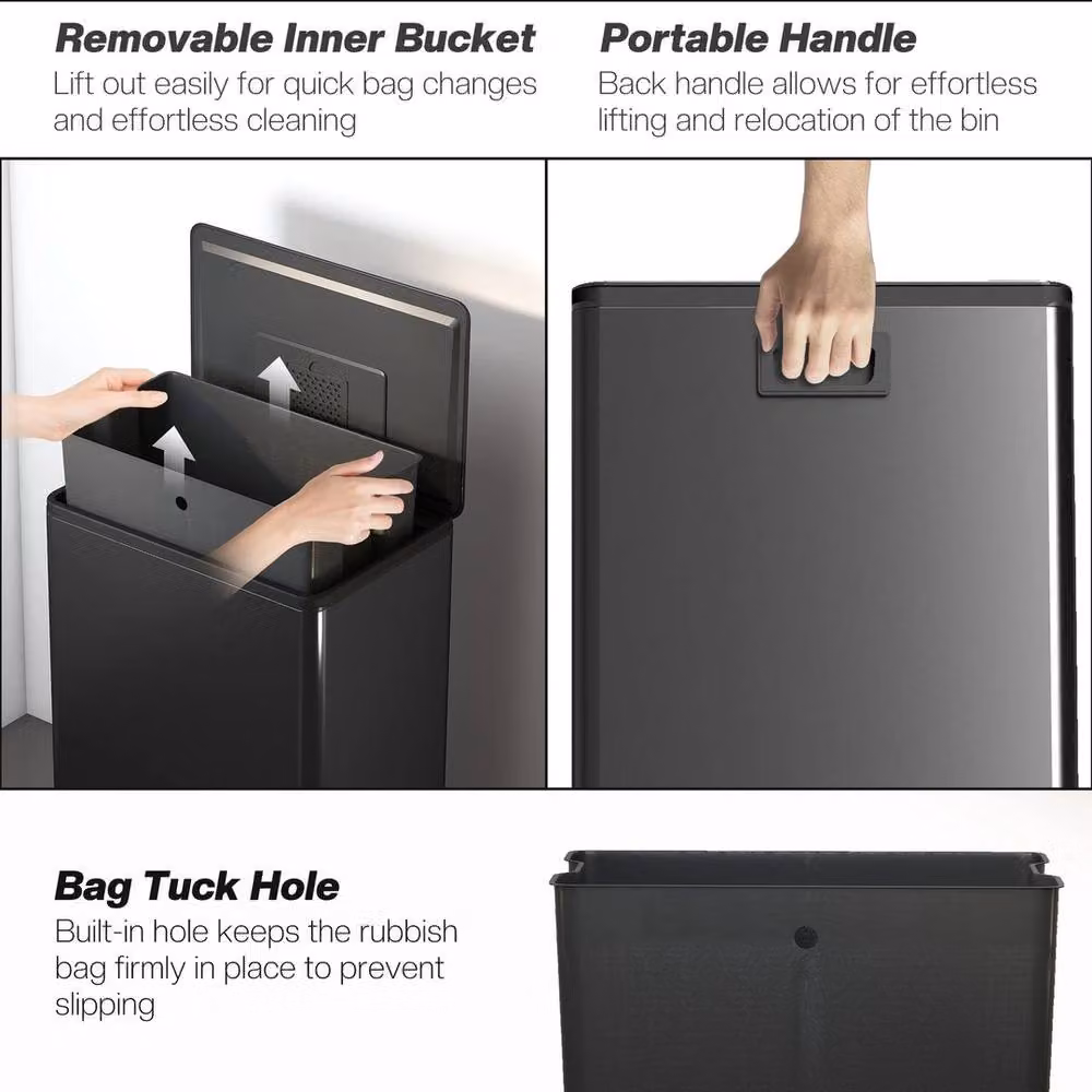 VOGREX 45L Black Stainless Steel Kitchen Bin with Soft Close Pedal and Removable Inner Bucket – 4