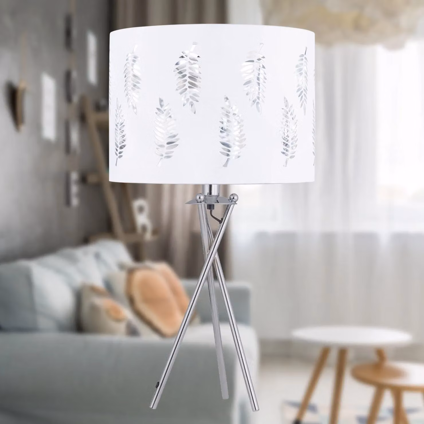 First Choice Lighting Set of 2 Silver Tripod Table Lamps with White Fern Cut Out Shades – 2