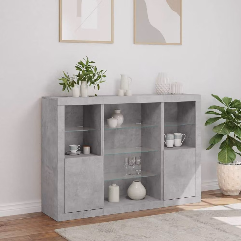 Berkfield Home Set of 3 Modern Sideboards with Integrated LED Lighting in Matt Concrete Grey MDF – 2