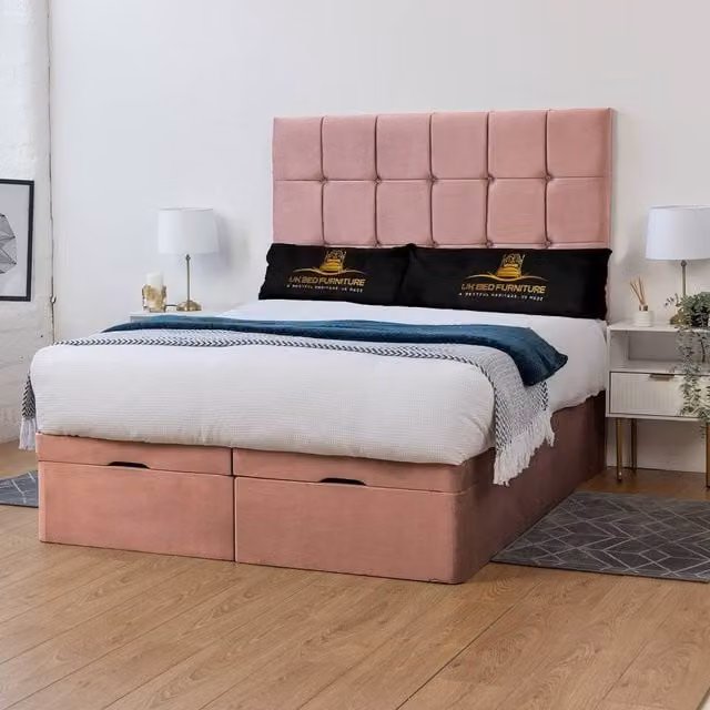 UK Bed Furniture Florence Pink Velvet Ottoman Storage Bed with End Lift and 54 Inch Headboard, Size: Super King, W/D/H: 200 x 200 x 137.16 cm