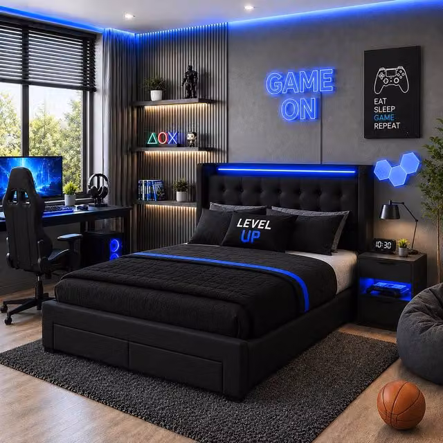 Harmin Luxury Black Velvet 5ft King Ottoman Bed with LED Headboard, USB Charging Port and UK Socket, W/D/H: 180 x 200 cm
