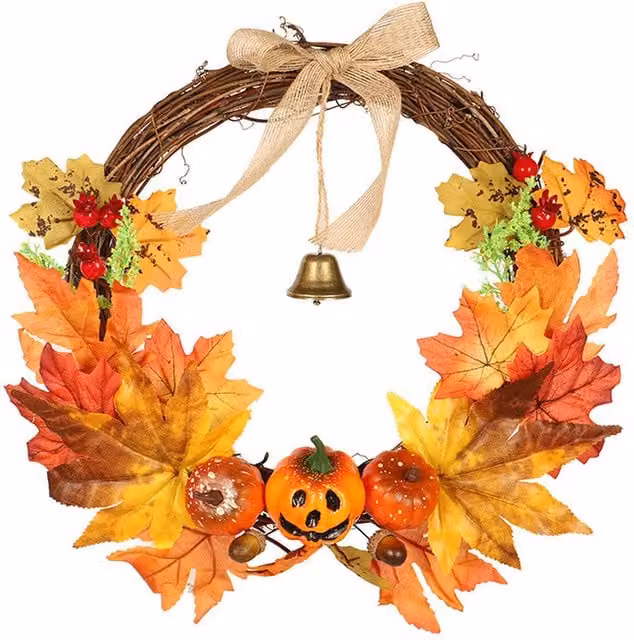 Kidkid Orange Halloween Pumpkin Wreath with LED Lights, Bell and Floral Textile Accents