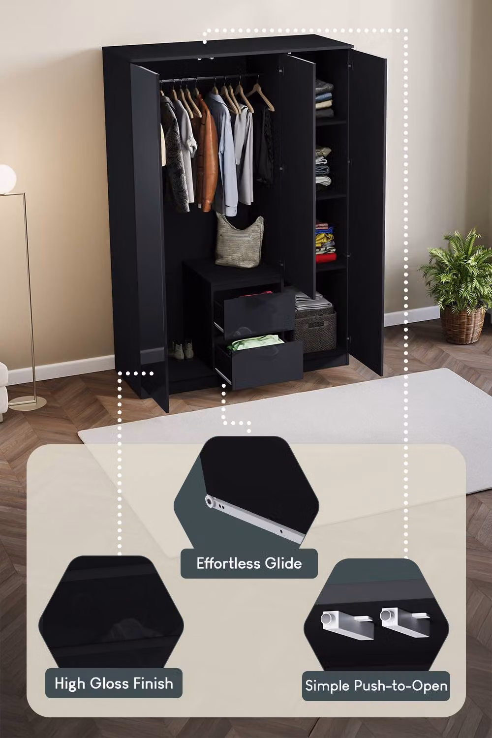 HD Designs Glinton High Gloss 3 Door 2 Drawer Wardrobe in Black – 4