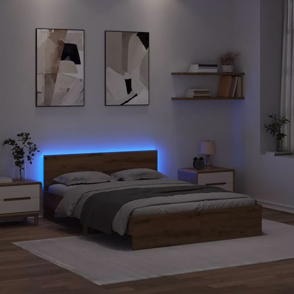 Berkfield Home Artisan Oak Bed Frame with Under-Bed Lighting and Drawers, Brown, W/D/H: 140 x 200 cm – 3