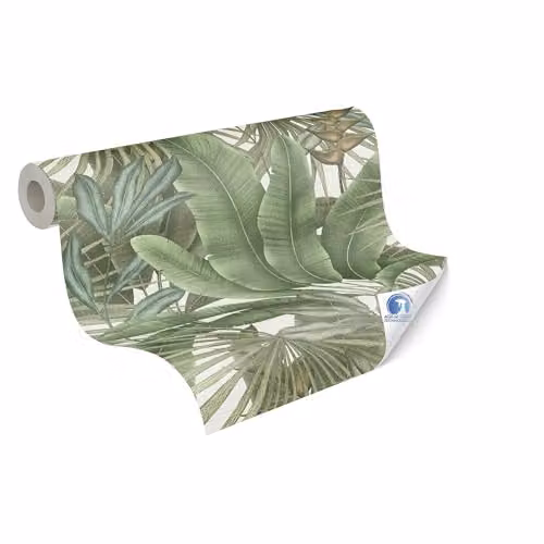 Livingwalls DESIGNDROP Non-Woven Pre-pasted Wallpaper in Green and White with Floral Palm Leaf Jungle Look, W: 0.53 m, L: 10.05 m
