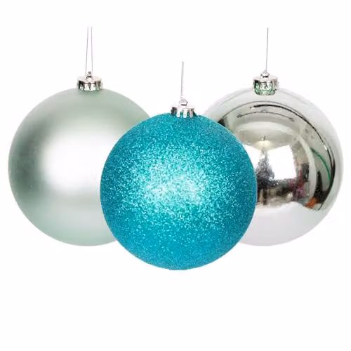 Shatchi Set of 3 Turquoise and Silver Plastic Christmas Bauble Hanging Ornaments, Diameter: 10 cm