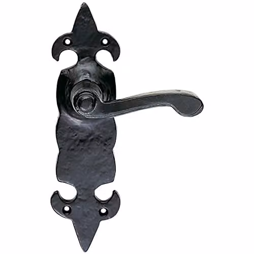Loops Pair Forged Scroll Lever Handles on Latch Backplate, Black Antique, W: 20.6 cm, H: 5.7 cm