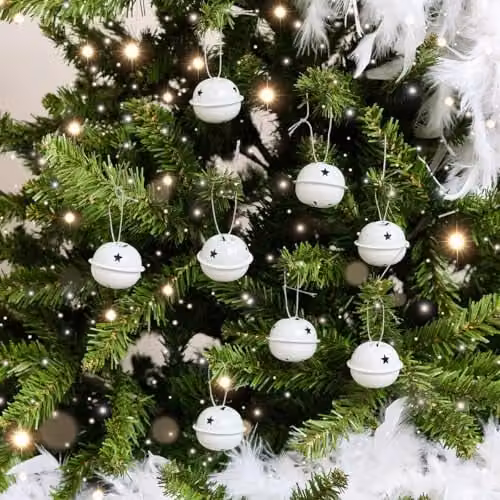 Melody Maison Set of 8 White and Silver Metal Hanging Bell Christmas Decorations, 4 cm