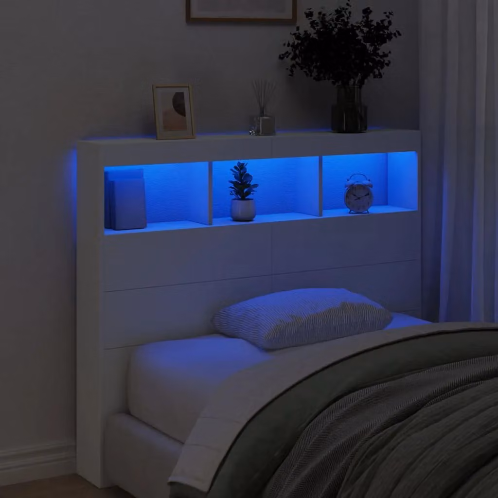 Berkfield Home Modern White Headboard Cabinet with Integrated LED Lighting and USB Charging Port, W/D/H: 120 x 17 x 102 cm – 2