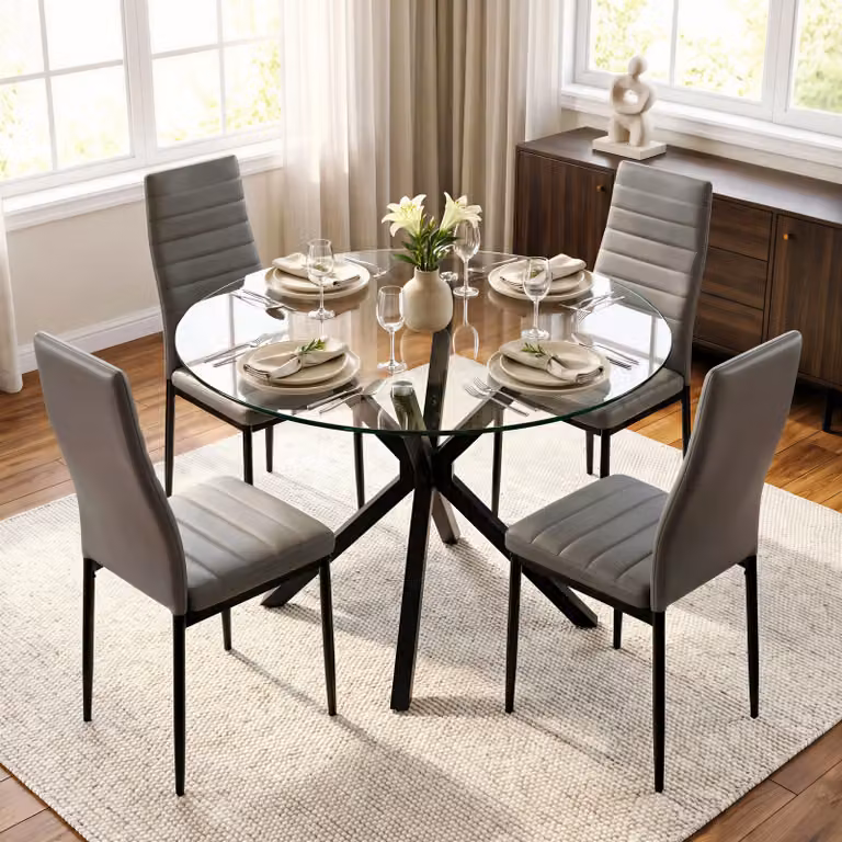 DHS Skyra Round Glass Dining Table and 4 Grey Chairs Set