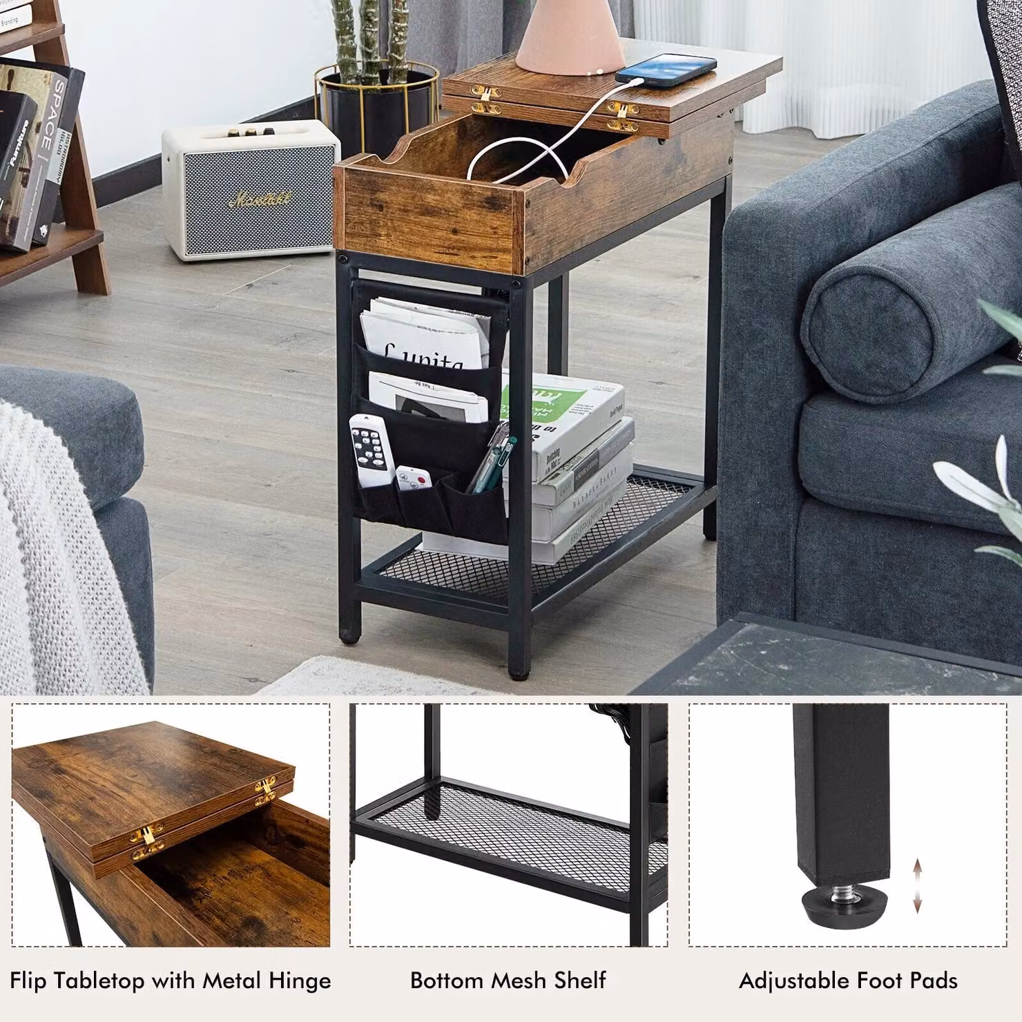 Costway Brown Narrow Side Table with Flip Top, Charging Station and Side Pocket – 5