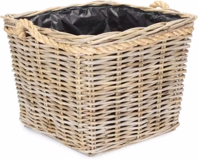 Red Hamper Square Tapered Rattan Planter with Plastic Lining in Natural, Small