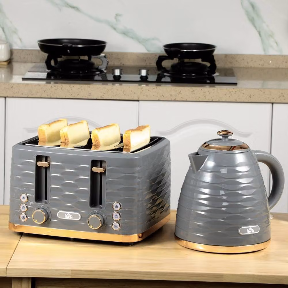 Rolipo Grey Ridged Design Kettle 1.7l and 4 Slice Toaster Set – 2