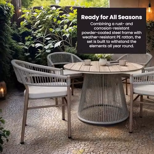 Solace+Co Hana Round Garden Dining Set with 4 Lita Chairs in White and Beige – 3