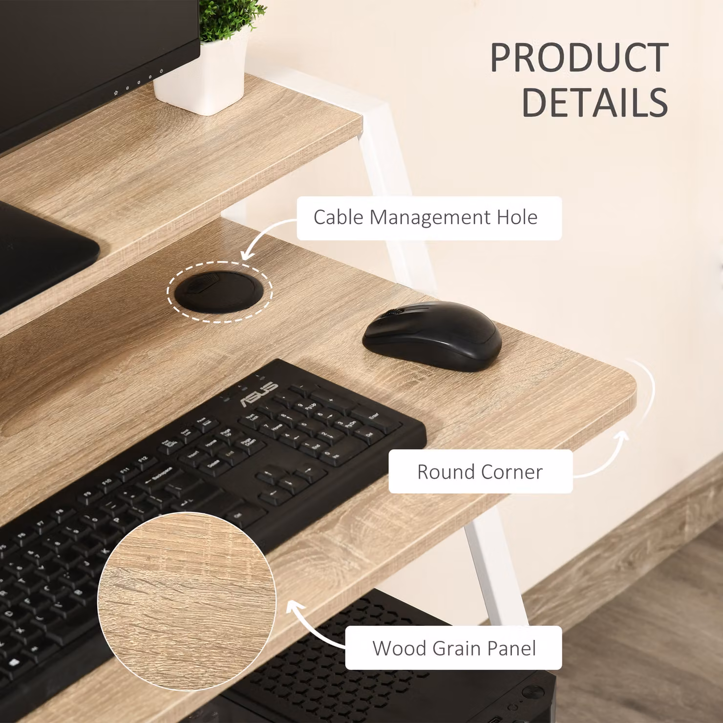 HOMCOM Minimalist Computer Desk and Writing Table with Storage Shelf in White and Oak – 5