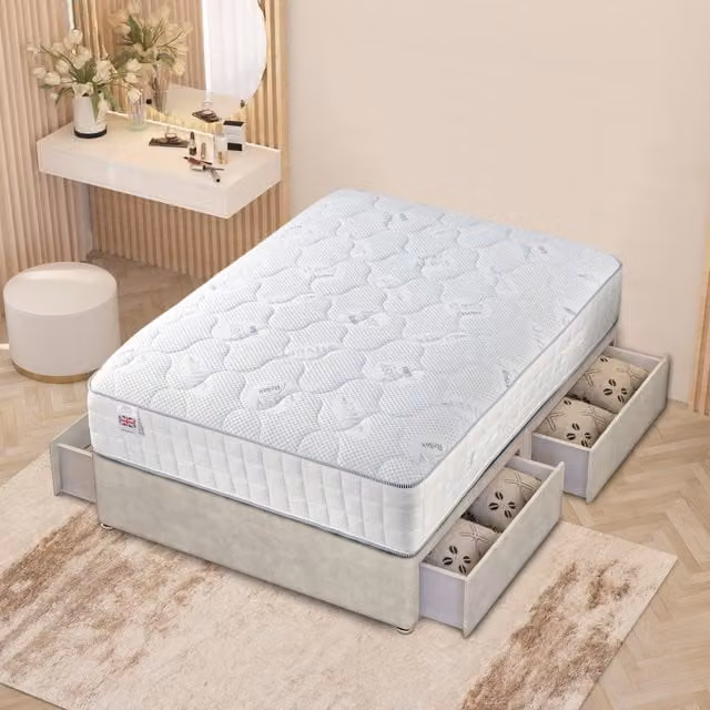 Horizona Silver Plush Velvet Upholstered Hybrid Divan Bed with Drawers W/D/H: 140 x 200 x 34.5 cm