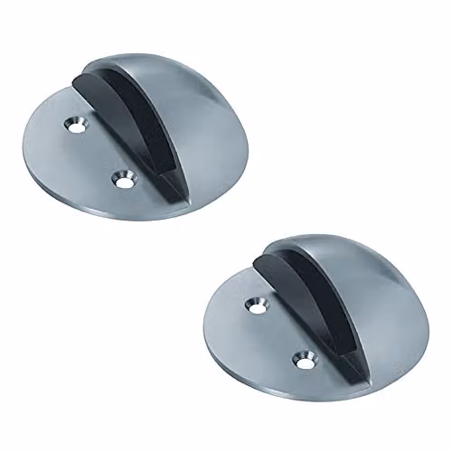 Loops 2 Pack Floor Mounted Half Moon Doorstop with Rubber Buffer in Brushed Silver Stainless Steel, 80mm Diameter