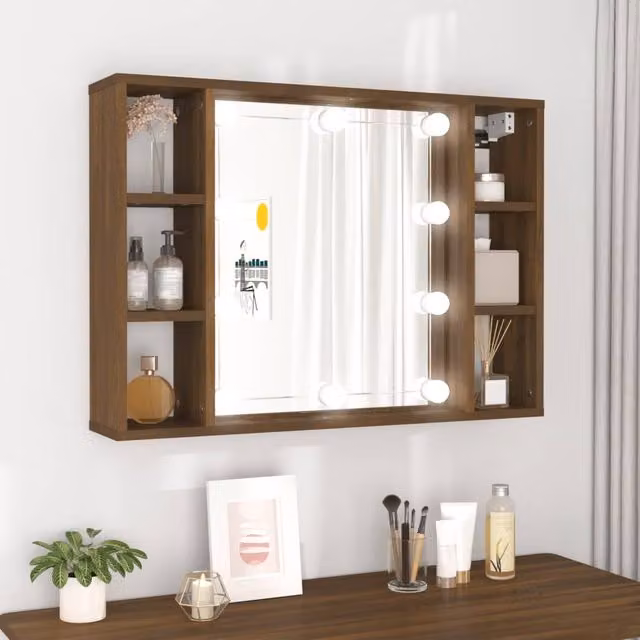 Berkfield Home Modern LED Mirror Cabinet in Brown Oak, W/D/H: 76 x 15 x 55 cm – 1
