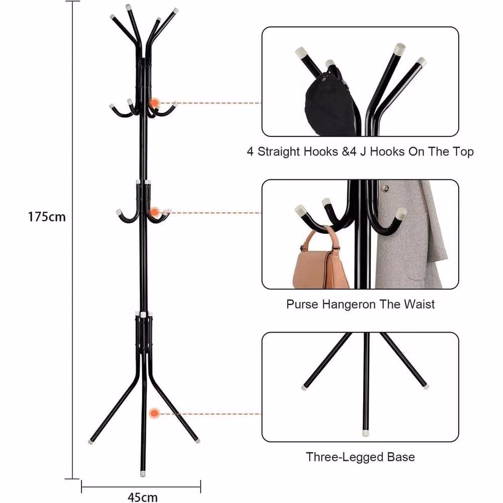 PAWNORA Modern Matt Black Metal Freestanding Clothes Rack with Rail and Hooks – 2
