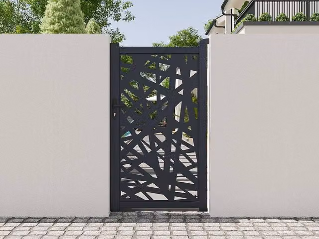 Vente-unique Laser-Cut Aluminium Swing Gate with Geometric Pattern in Grey, W: 103 cm, H: 181 cm
