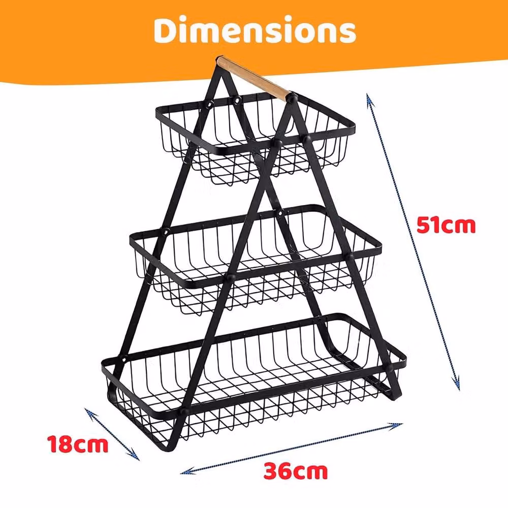 VOGREX 3 Tier Metal Countertop Fruit, Vegetable and Bread Storage Rack in Black – 2