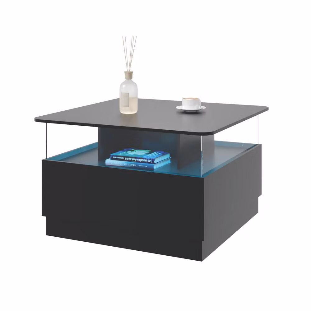 KEEPREAPER Modern Black Coffee Table with 2 Drawers and LED Light – 2