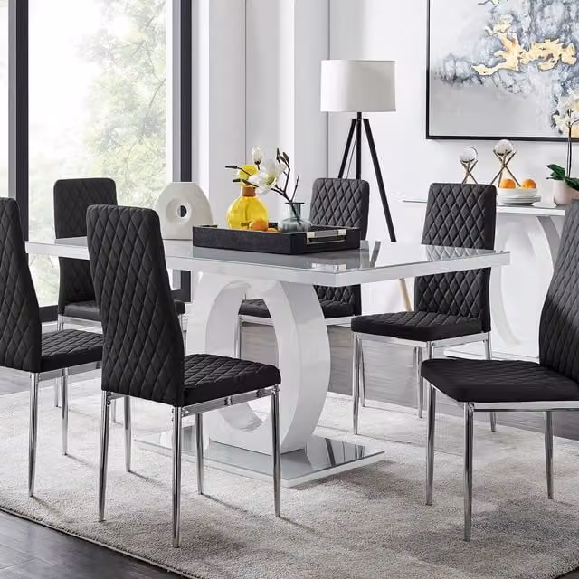 FurnitureboxUK Giovani Modern Grey Glass Rectangular Dining Table and Six Black Milan Dining Chairs Set