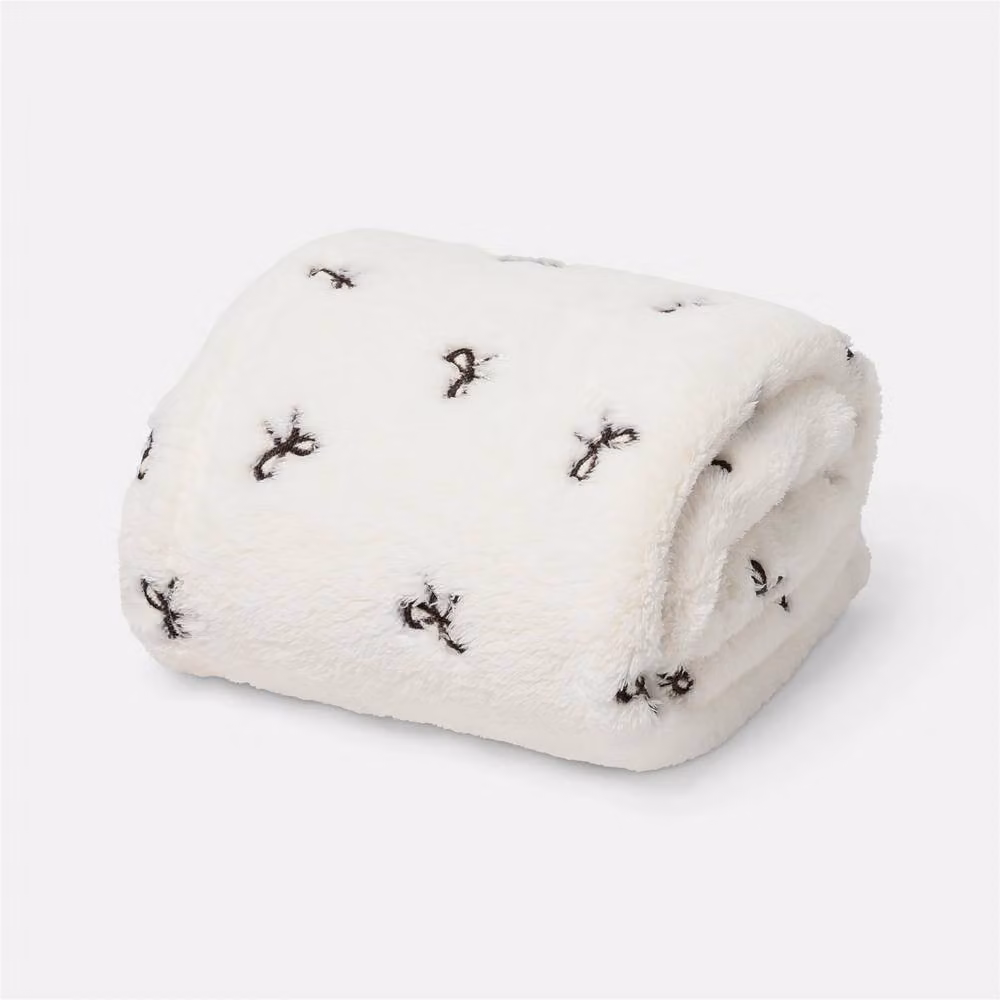 OHS Bow Embossed Ultrasoft Fleece Throw Thermal Blanket in Cream, W/D/H: 125 x 150 cm – 2