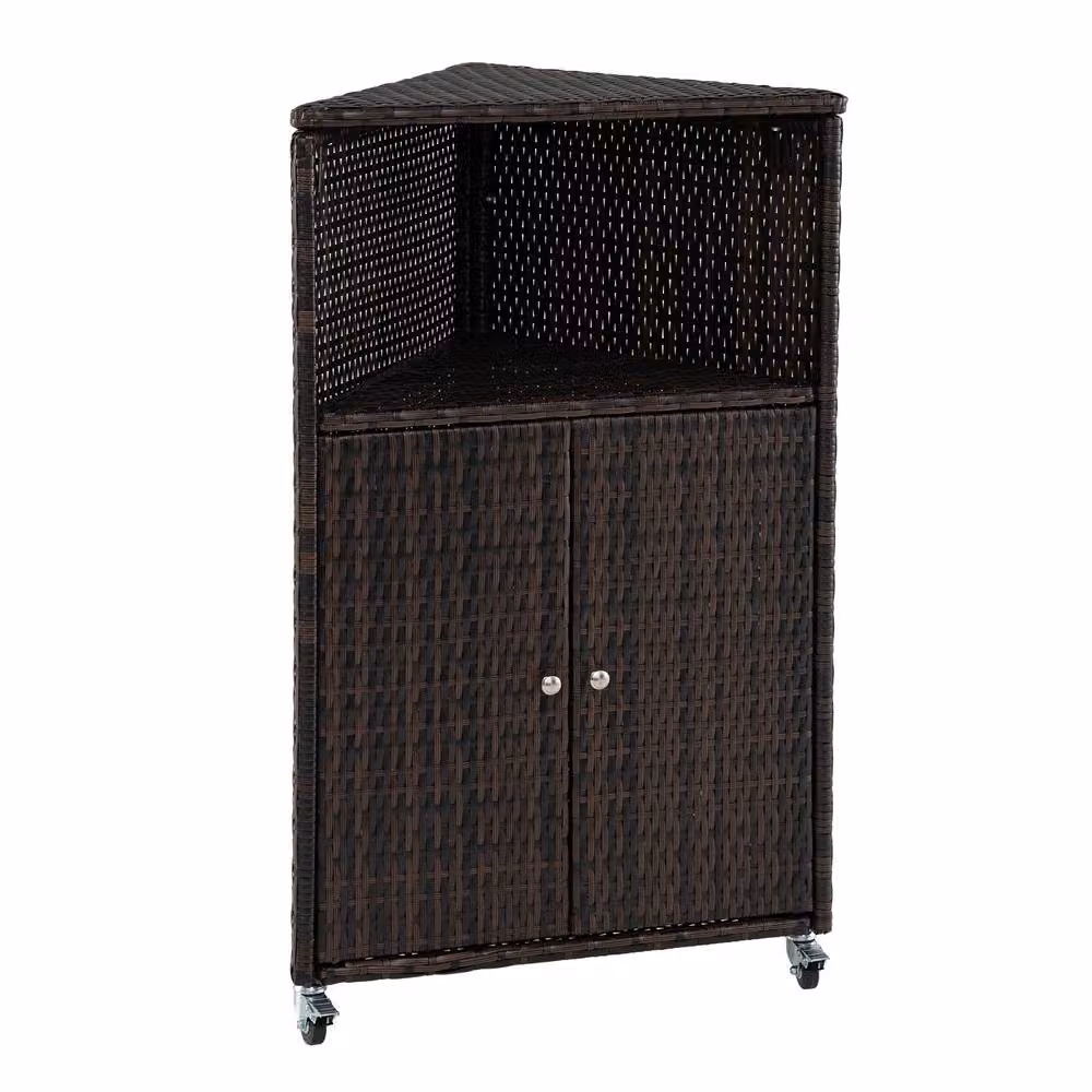 Costway Brown PE Rattan Corner Outdoor Storage Cabinet and Bar Cart with Shelves and Hinged Doors – 2