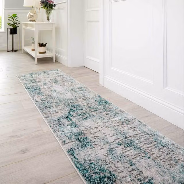 The Rug House Modern Distressed Abstract Textured Rectangular Area Rug, Green, W: 240 cm, D: 60 cm