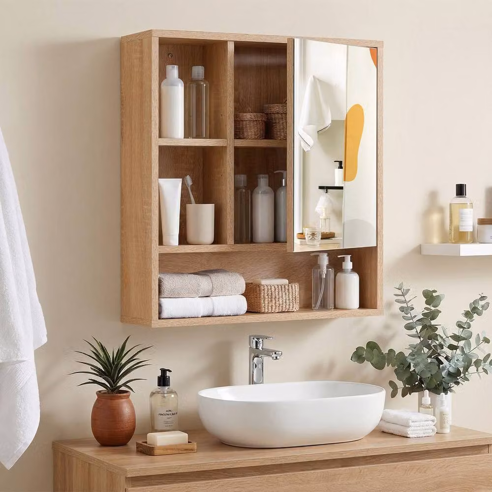 Gymax Modern Wall Mounted Medicine Cabinet with Mirror and Glass Doors in Beige – 3
