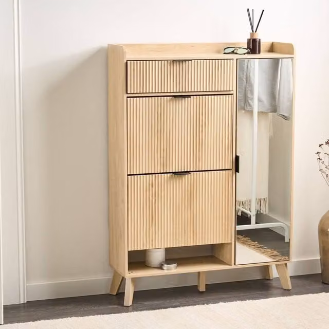 Wyld and Coco Light Brown Scandinavian Shoe Cabinet with Mirror and Drawers – 1