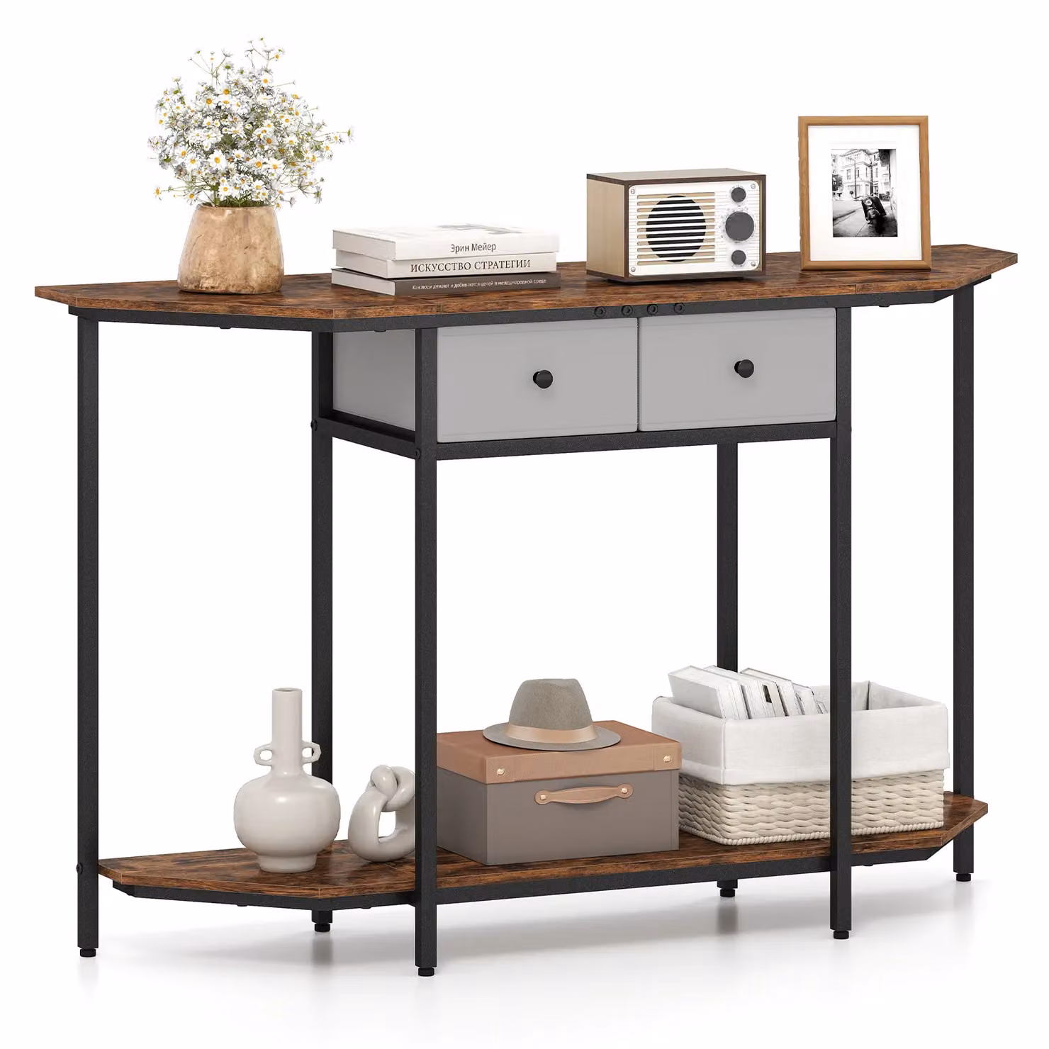 Gymax 2-Tier Industrial Console Table with 2 Drawers, Brown – 6