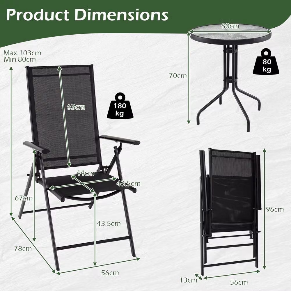 Costway 3-Piece Outdoor Patio Bistro Set with Folding Chairs and Coffee Table in Black – 2