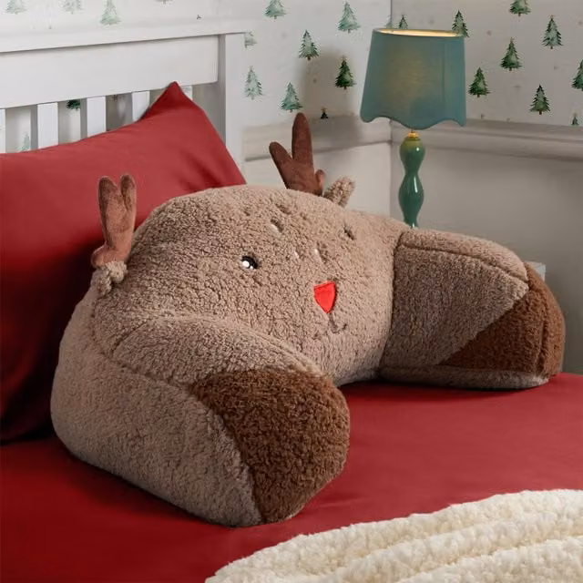 OHS Reindeer Character Kids Cuddle Cushion in Brown Teddy Fleece Wedge Reading Pillow