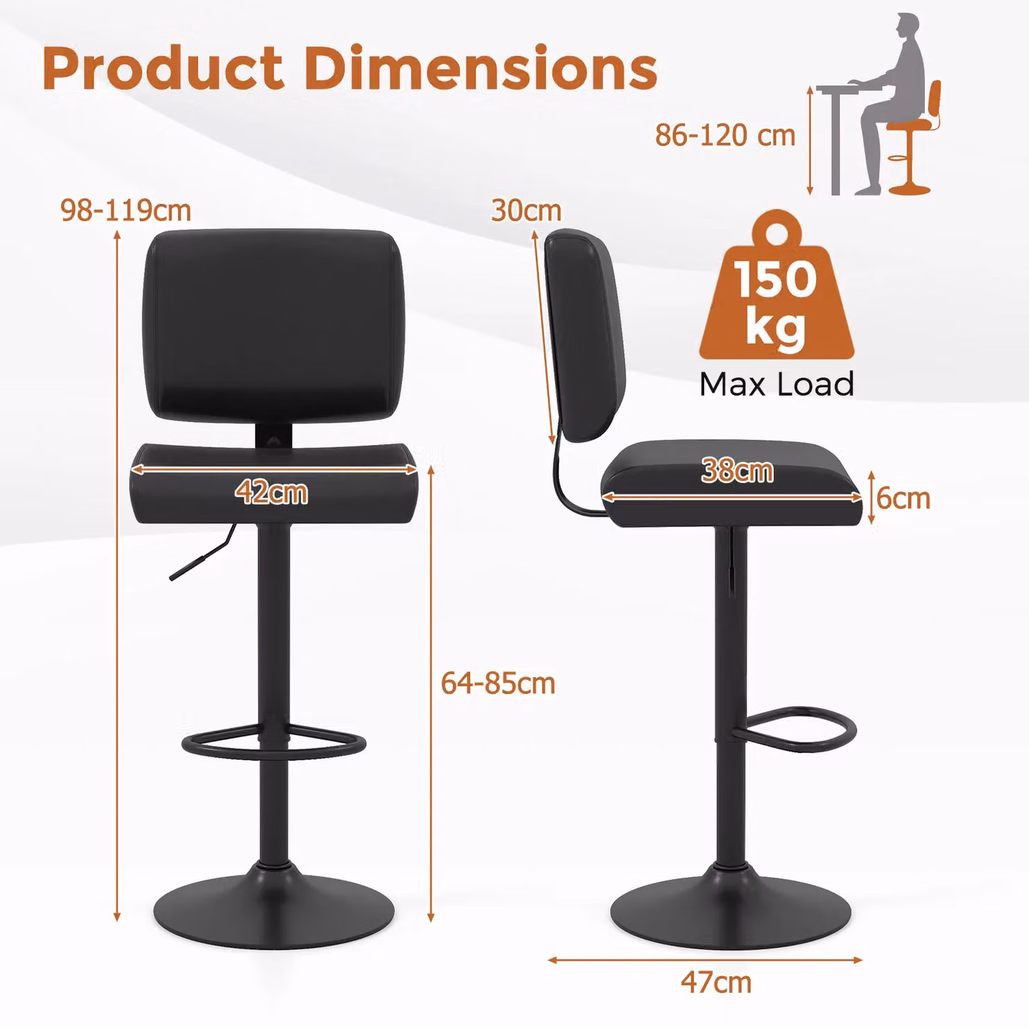 Gymax Set of 2 Modern Black Swivel Bar Stools with Adjustable Height and Synthetic Leather Upholstery – 2