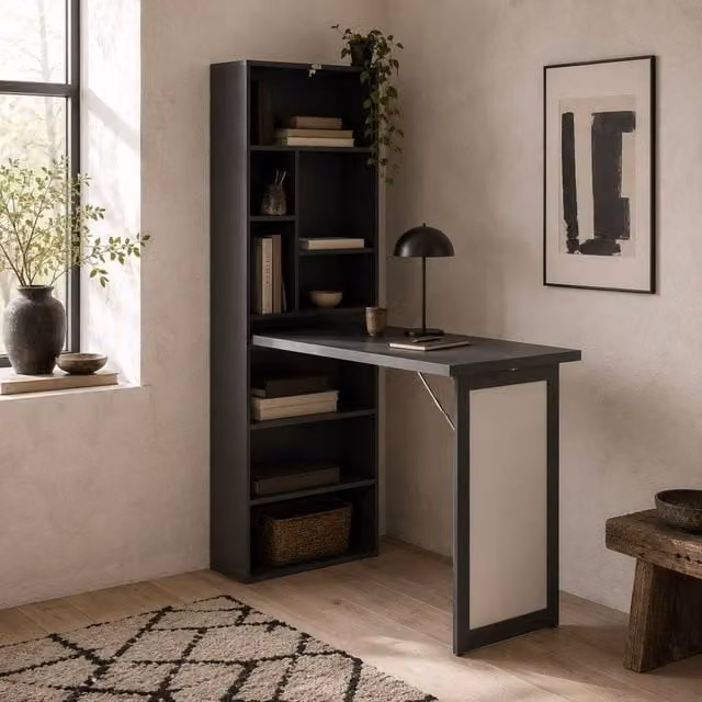 Wyld Haus Elrika Black 3 Section Fold Out Writing Desk with Enclosed Cabinet Storage, Width: 98 cm