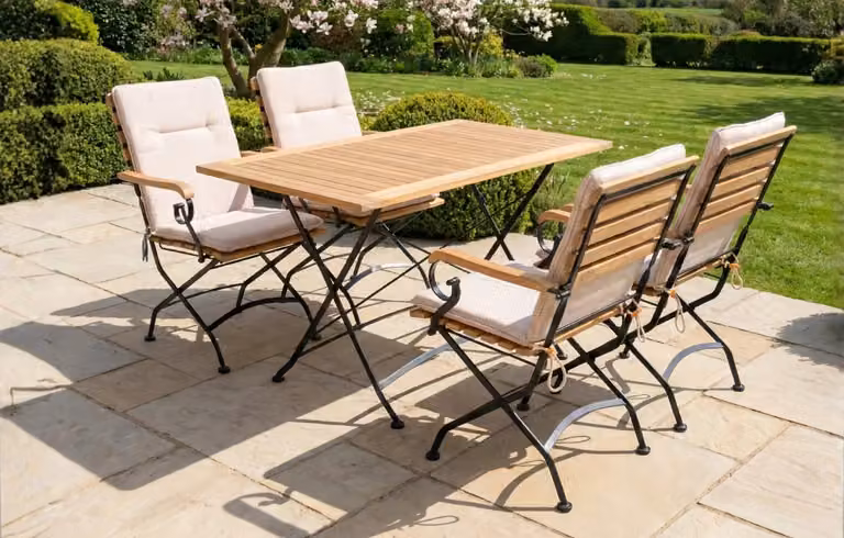 MINT Outdoor Sicily 4 Seater Teak and Wrought Iron Rectangular Garden Dining Set, Beige, Width: 120 cm