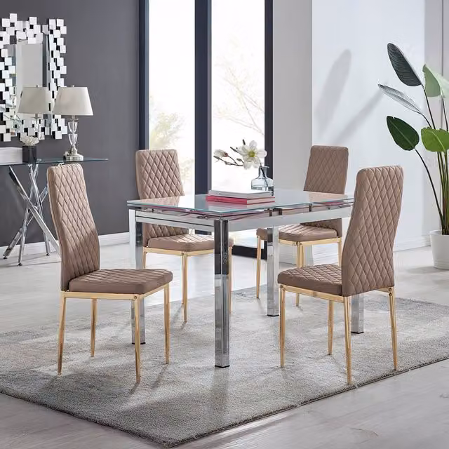 Furniturebox Enna White Glossy Glass Extending Dining Table and 4 Milan Chairs with Gold Legs in Cappuccino
