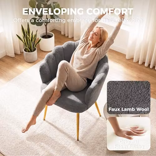 HOMCOM Modern Shell Lounge Chair with Armrests in Grey Bouclé Fabric and Metal Frame, W/D/H: 79 x 61.5 x 56 cm – 4