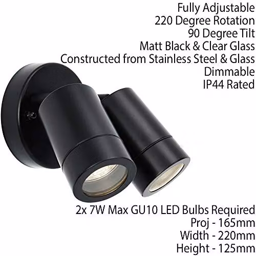 Loops IP44 Outdoor Twin Adjustable Spotlight in Matt Black with Transparent Glass, Dimmable Up and Down Wall Light for Garden or Porch, GU10 LED Compatible – 2