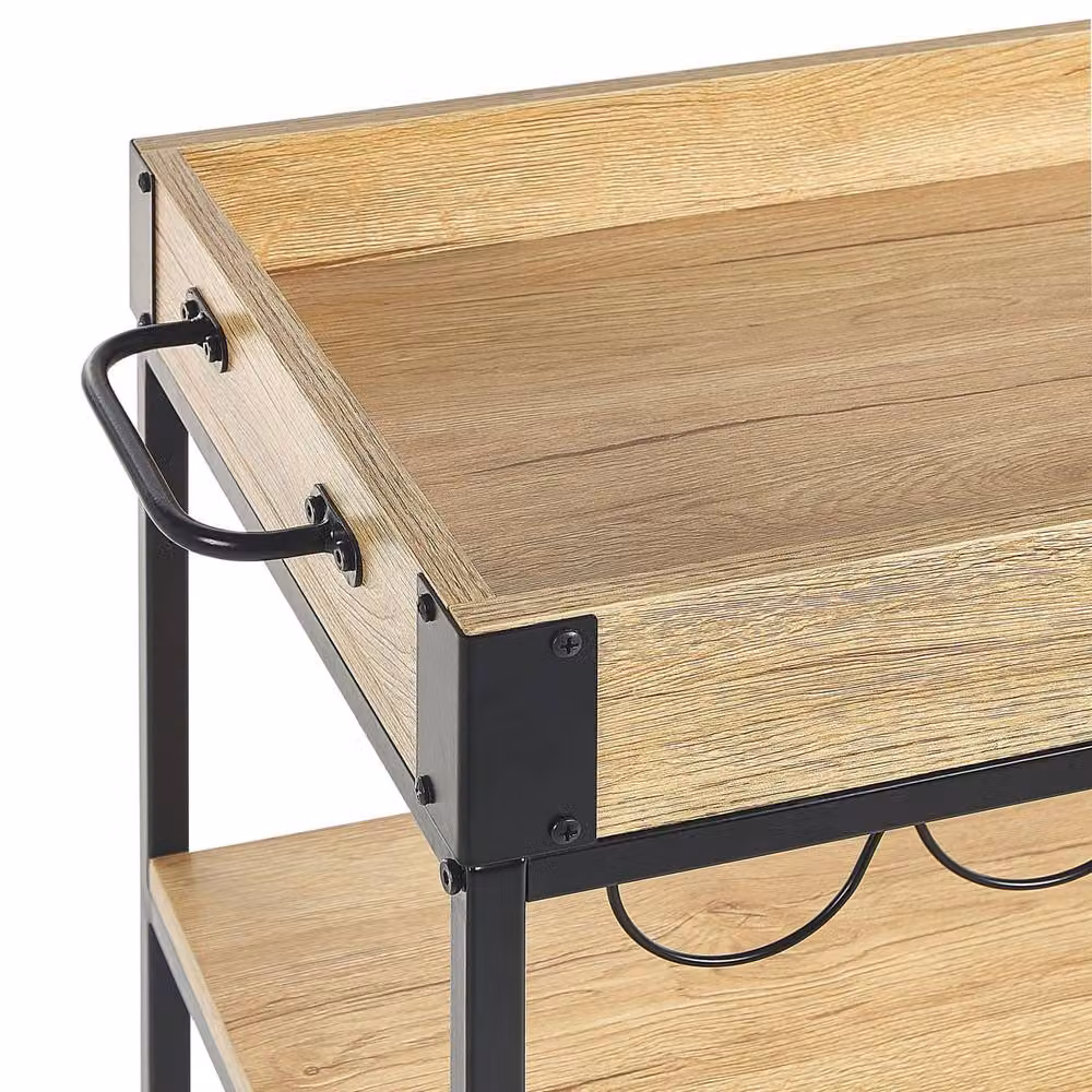 Wyld and Coco Industrial Kitchen Trolley with Wine Rack, Brown Wood Top and Black Metal Frame – 3