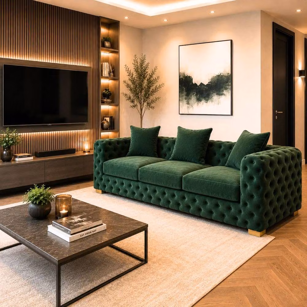 Stratus Interiors Ashley Luxe Chesterfield Scatter Back L-Shape Sofa in Dark Green Velvet – 4
