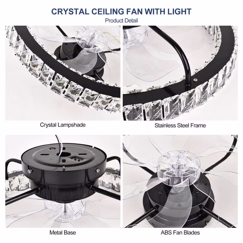 NIVOR Dimmable Silent Crystal LED Ceiling Fan with Light, Black, with Remote and App Control – 4