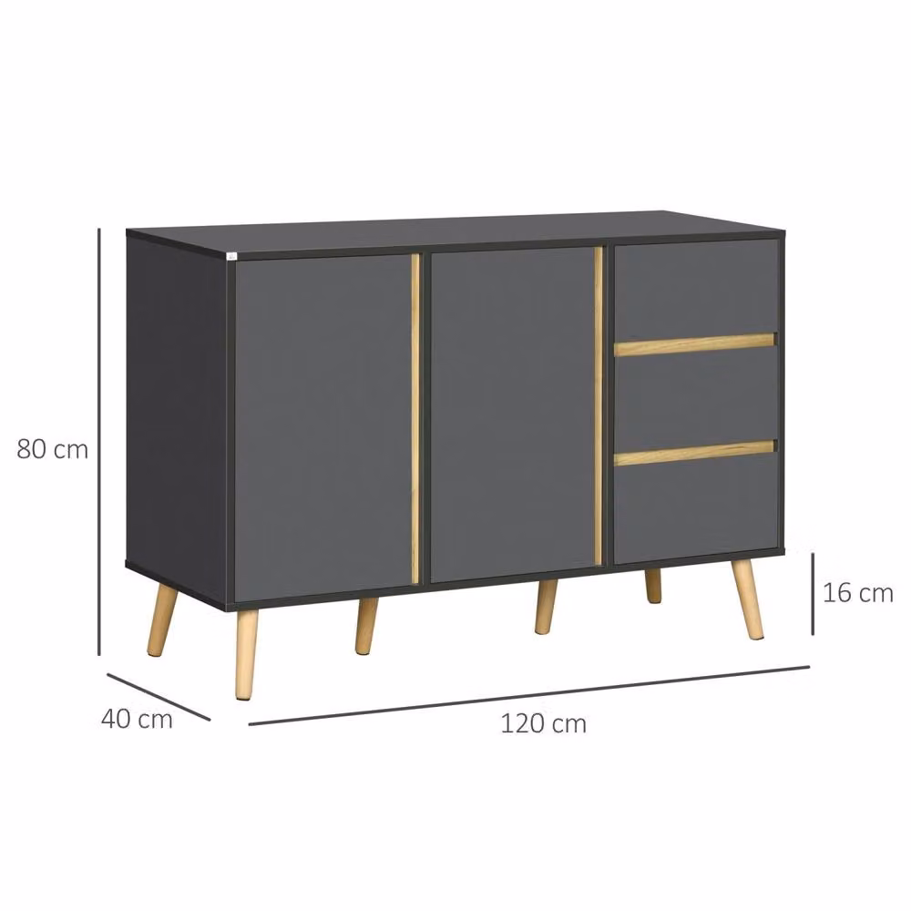 Wyld Haus Sola Vela Dark Grey Sideboard with 2 Doors, 3 Drawers and Adjustable Shelves, W: 120 cm, H: 80 cm, D: 40 cm – 4