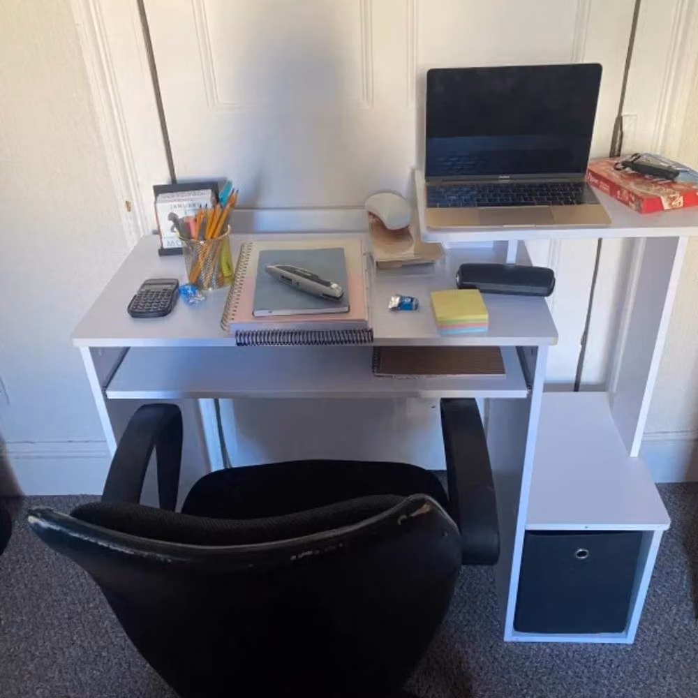 Hinsinc White Modern Home Office Computer Desk with Shelves and Drawer – 3